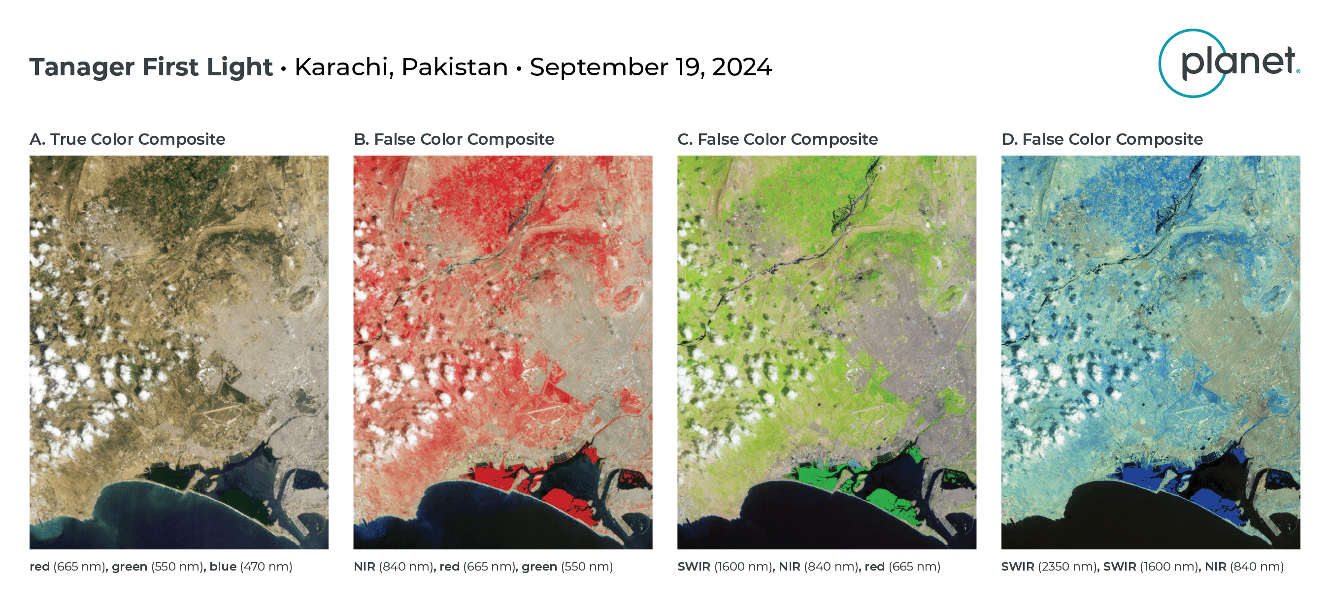 Tanager First Light images of Karachi, Pakistan taken on September 19th, 2024. Each of these images is composed of 3 of the over 400 bands that Tanager collects with each capture. From left to right: (A) A visible-wavelength image using 470 nm for Blue, 550 nm for Green, and 665 nm for Red. (B) A near-infrared false-color image using 550 nm for Blue, 665 nm for Green, and 840 nm for Red. (C) A shortwave infrared false-color image using 665 nm for Blue, 840 nm for Green, and 1600 nm for Red. (D) A second shortwave infrared image using 840 nm for Blue, 1600 nm for Green, and 2350 nm for Red.