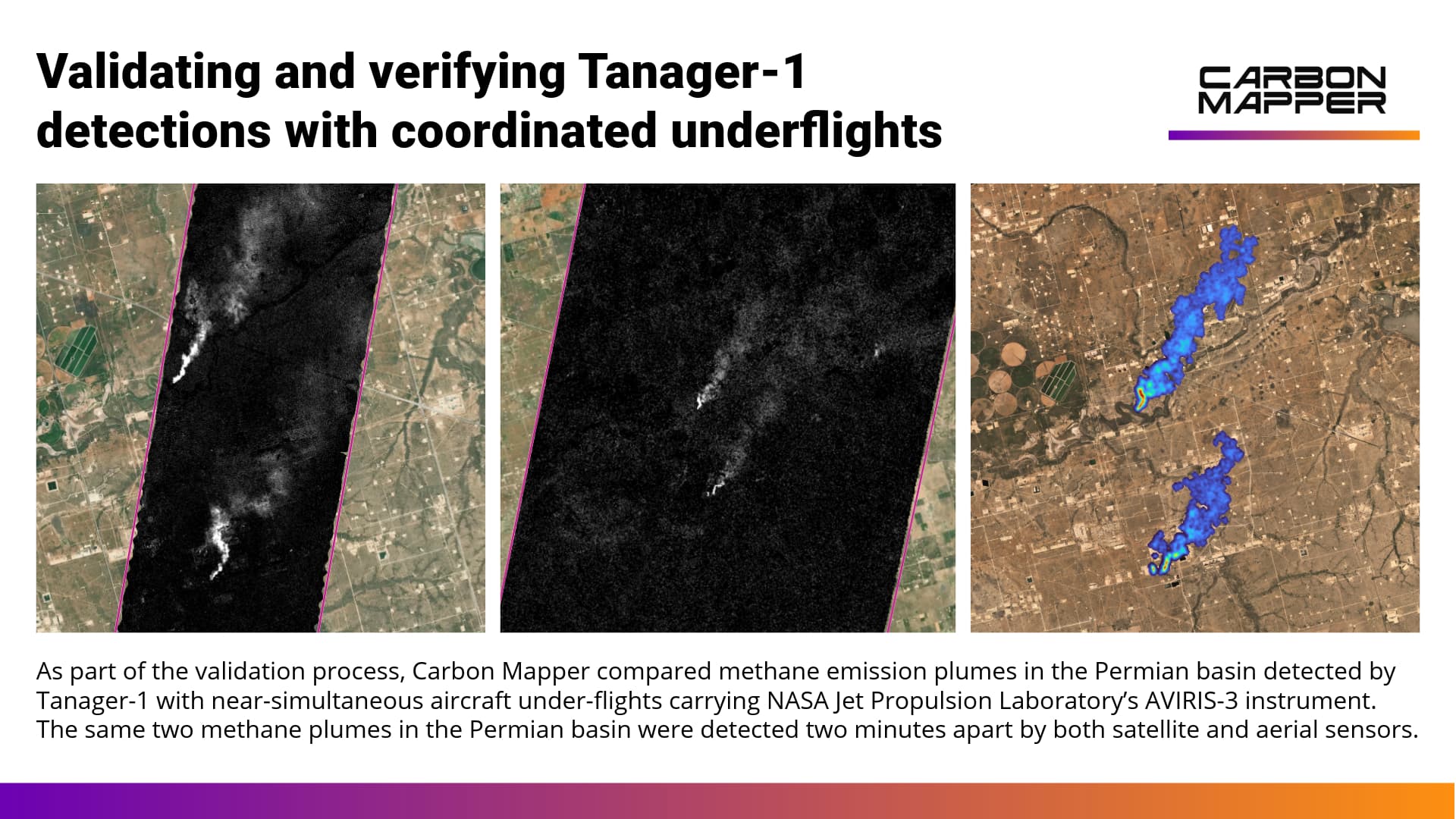 A collage of three images taken from space shows grayscale methane plumes and colored plumes detected by both satellite and aircraft.