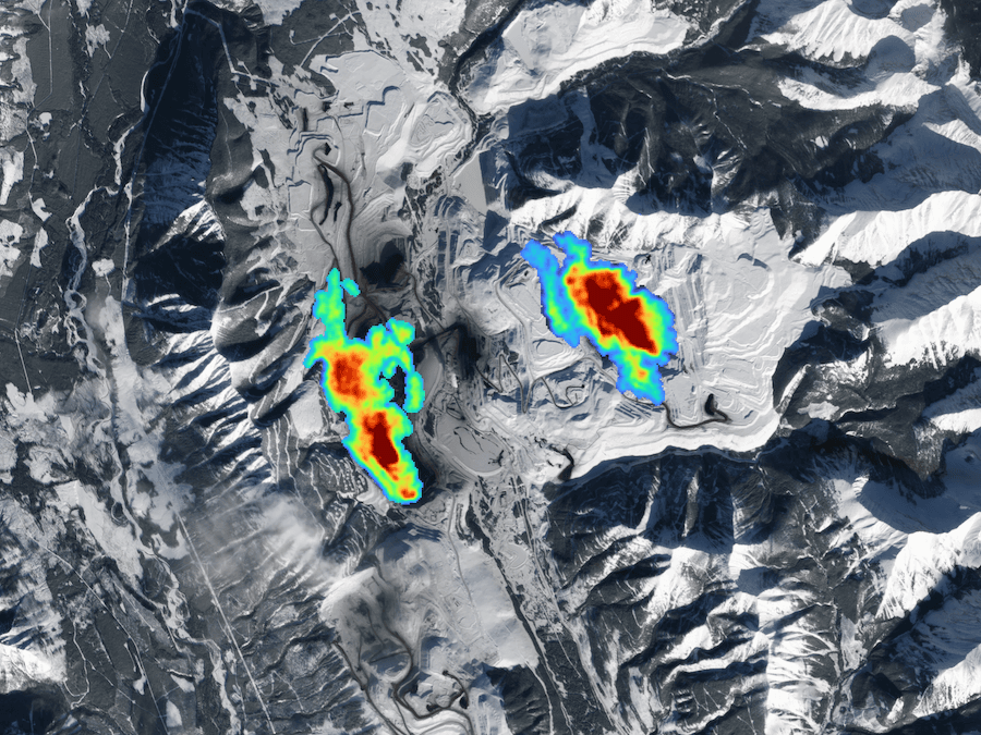 methane plumes with color intensity indicator above snowy background in Canada