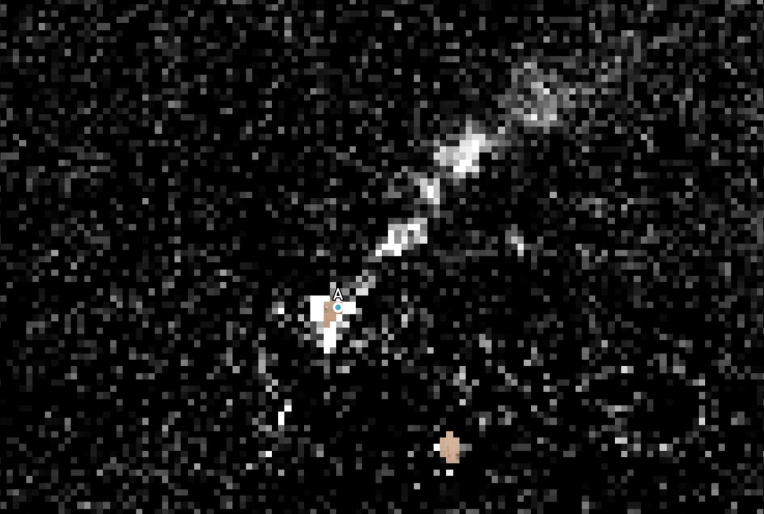 A methane plume is seen overlaid on a black and white atmospheric retrieval image. The plume emitting from oil and gas infrastructure in Western Iran.