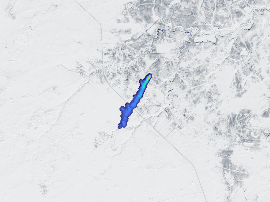 methane plume on a snow-covered satellite background in russia