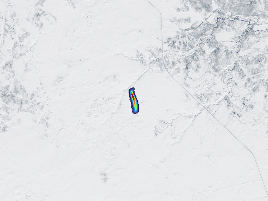 methane plume with intensity color on snow-covered satellite image in Russia